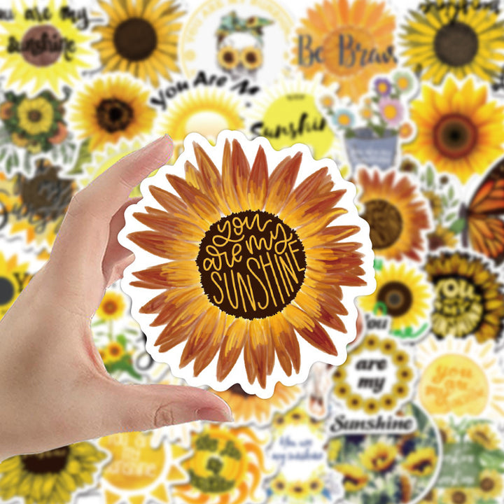 VibeCore Sunflowers and Sunshine Stickers close-up of the 'You Are My Sunshine' sunflower design. Perfect for adding a cheerful, nature-inspired touch to laptops, phones, and water bottles.