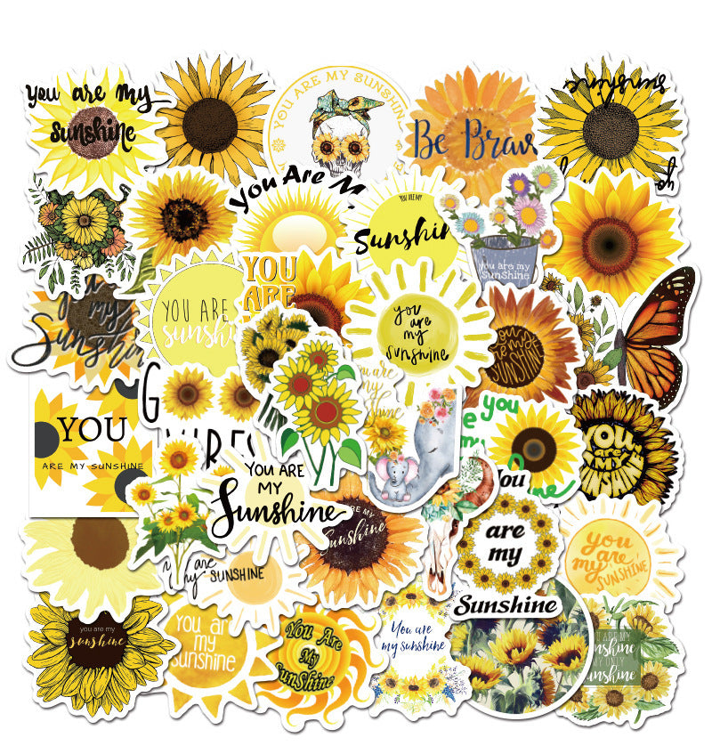 VibeCore Sunflowers and Sunshine Stickers Square Cluster featuring 50 bright sunflower designs. Perfect for personalizing laptops, phones, and water bottles.