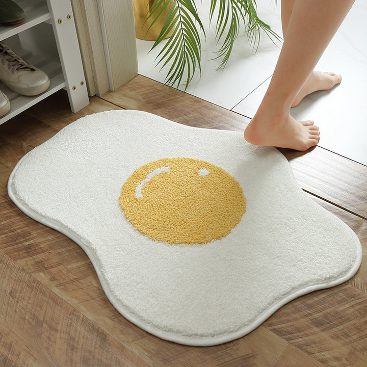 Aerial view of the VibeCore Sunny-Side Up Egg Accent Rug, showcasing its playful fried egg design, soft plush texture, non-slip backing, and cute rug appeal. A fun, quirky addition to modern bedroom, dorm, or living room decor.