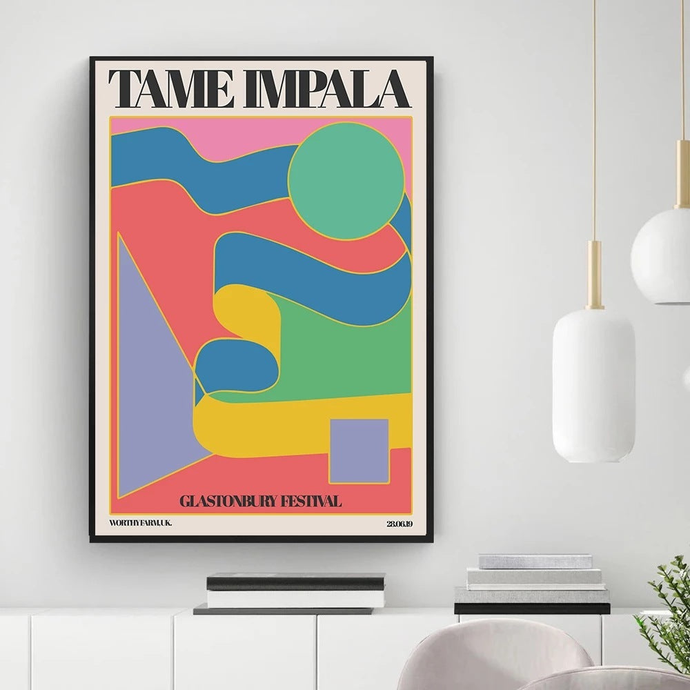 VibeCore Tame Impala Canvas Print featuring abstract pink, blue, green, red, purple, and yellow shapes. Glastonbury Festival, Worthy Farm UK. 28 06 19.