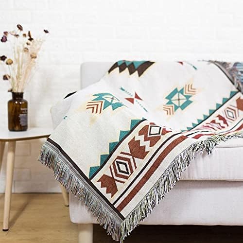 Close-up of the VibeCore Terra Medallion Woven Blanket draped on a couch, highlighting its intricate earthy medallion design and soft texture, adding a cozy, bohemian vibe to the room.