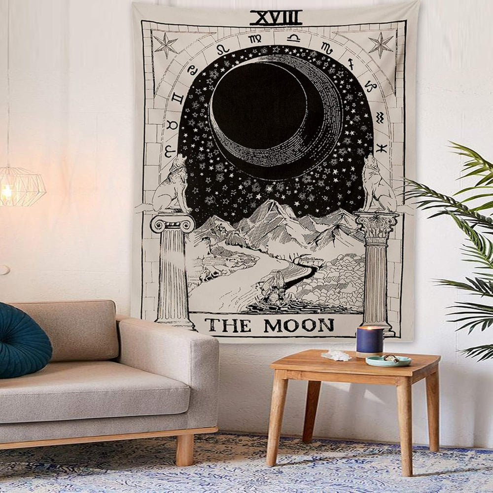 VibeCore The Moon Tarot Card Tapestry On Living Room Wall
