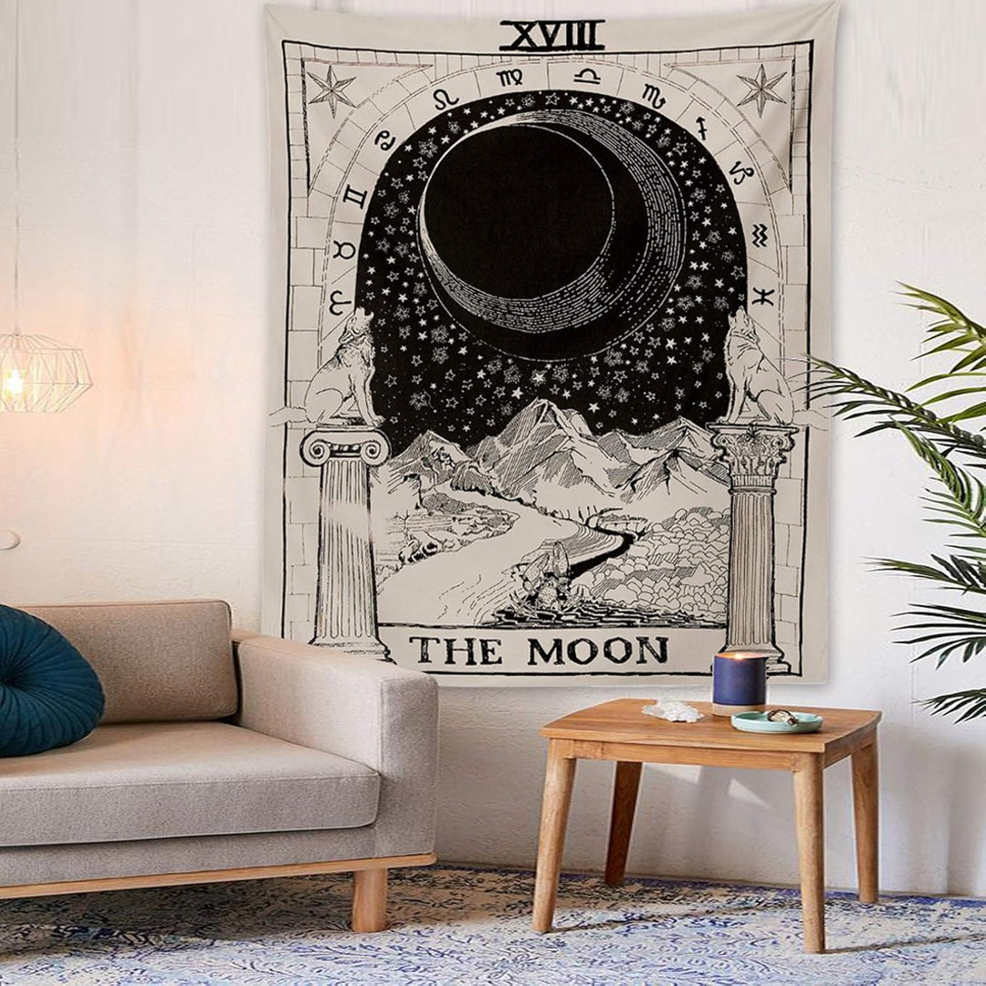 VibeCore The Moon Tarot Card Tapestry On Living Room Wall