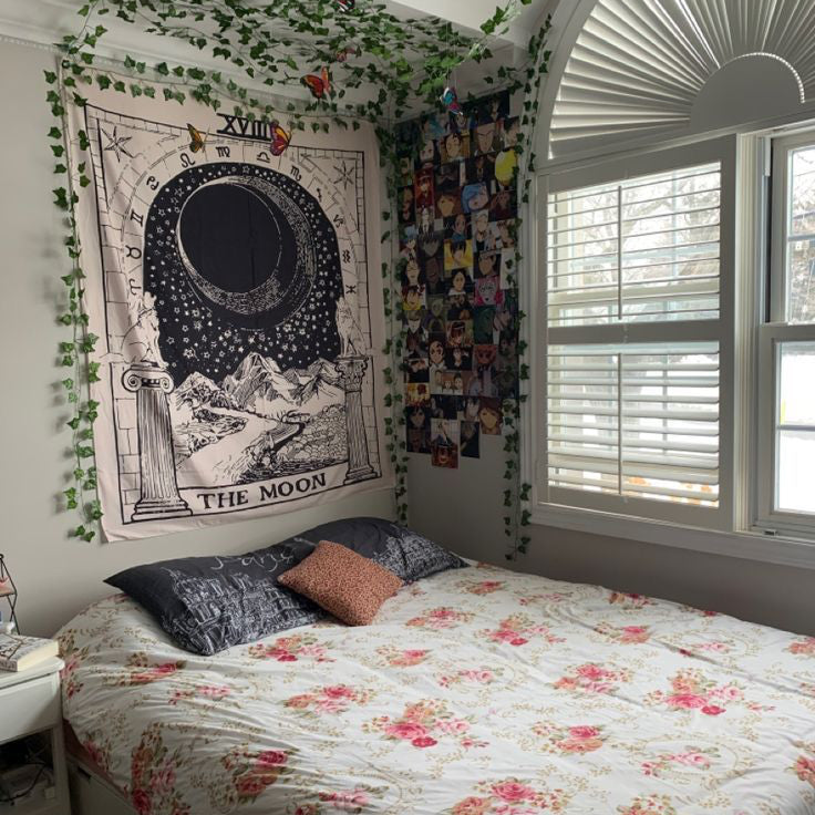 VibeCore The Moon Tarot Card Tapestry On Wall Behind Bed