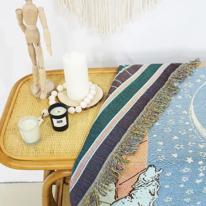 VibeCore The Moon Tarot Woven Blanket close-up of reversible design, highlighting celestial-inspired patterns and soft 100% combed cotton texture.