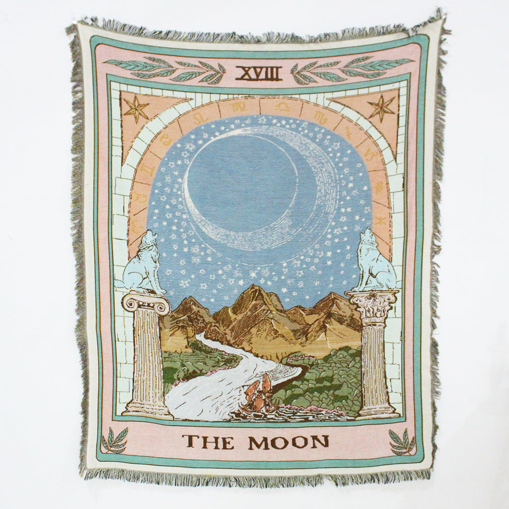 VibeCore The Moon Tarot Woven Blanket product view, showcasing celestial-inspired design and soft 100% combed cotton texture.
