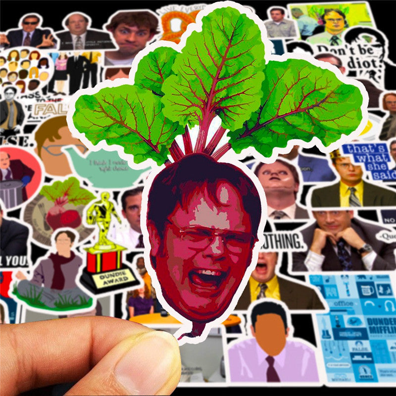 Close-up of a VibeCore The Office Sticker featuring Dwight as a beet. High-quality, durable, and fade-resistant design, ideal for customizing laptops, water bottles, notebooks, and more.