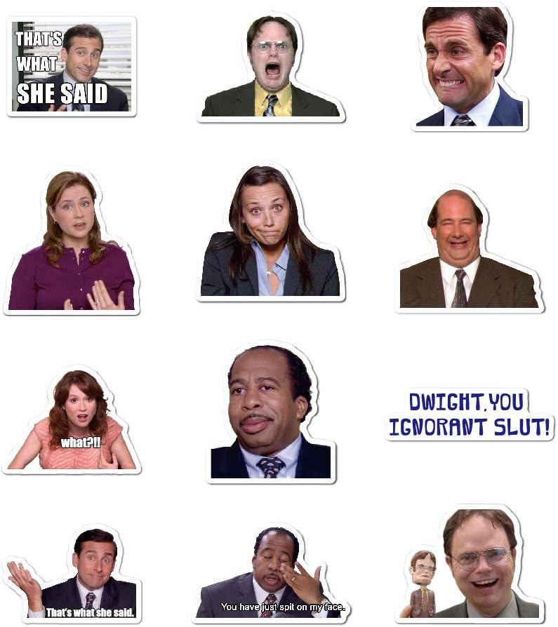 VibeCore The Office Stickers showcasing 12 unique designs, featuring iconic quotes and characters like Michael Scott and Dwight. Durable, fade-resistant, and perfect for personalizing laptops, water bottles, and notebooks.