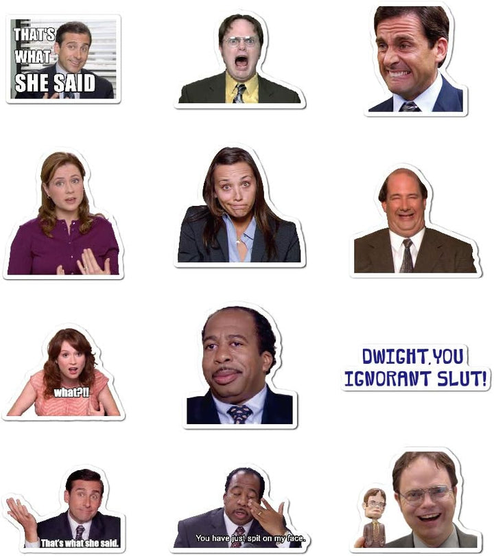 VibeCore The Office Stickers showcasing 12 unique designs, featuring iconic quotes and characters like Michael Scott and Dwight. Durable, fade-resistant, and perfect for personalizing laptops, water bottles, and notebooks.