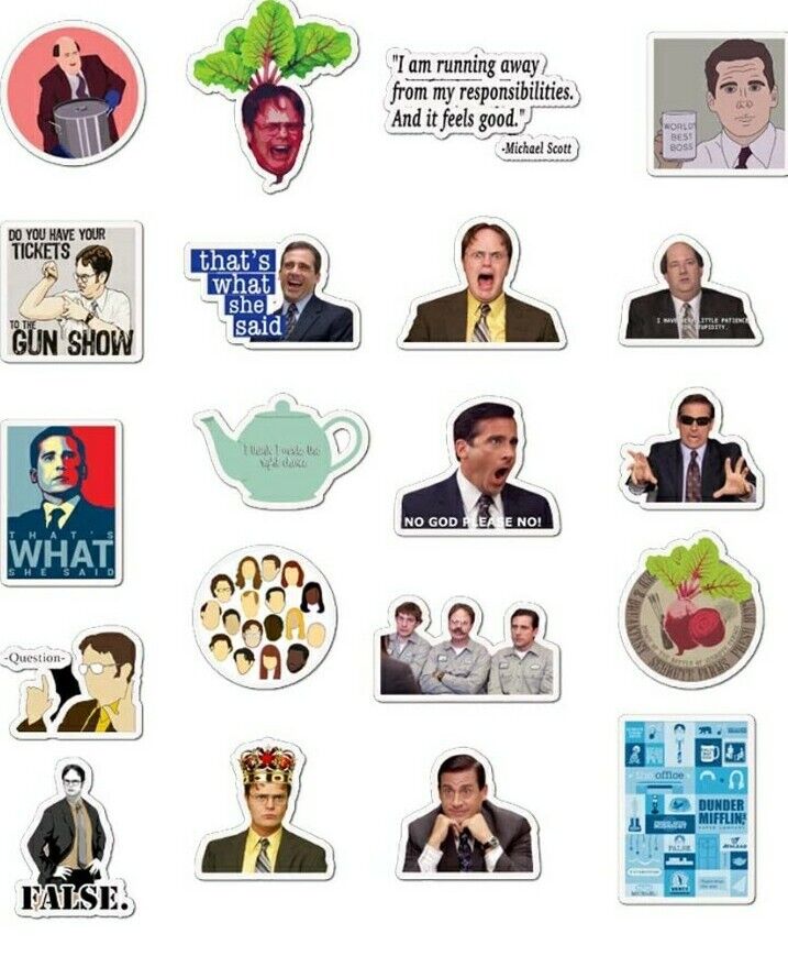 VibeCore The Office Stickers showcasing 20 unique stickers, mostly featuring Michael, Dwight, and Kevin. High-quality, durable, and fade-resistant, perfect for customizing laptops, water bottles, notebooks, and more.