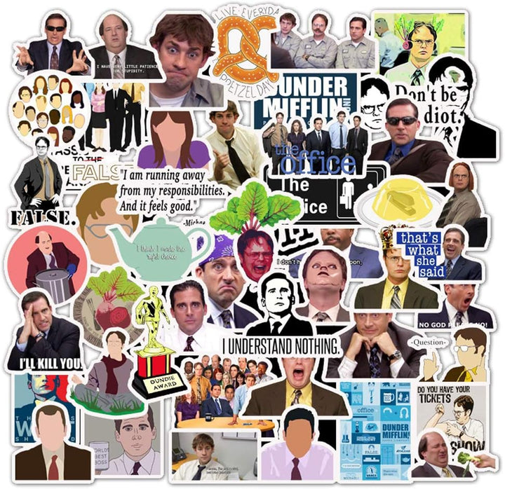 A square cluster of VibeCore The Office Stickers, showcasing vibrant, durable designs of iconic quotes and characters like Michael Scott. Perfect for laptops, water bottles, notebooks, and helmets. Cute, fade-resistant stickers with easy, residue-free application.