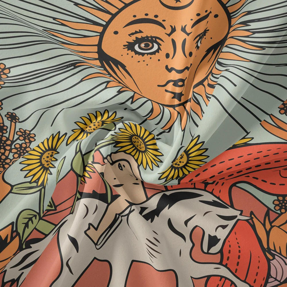 VibeCore The Sun Colorful Tarot Tapestry Material Close Up