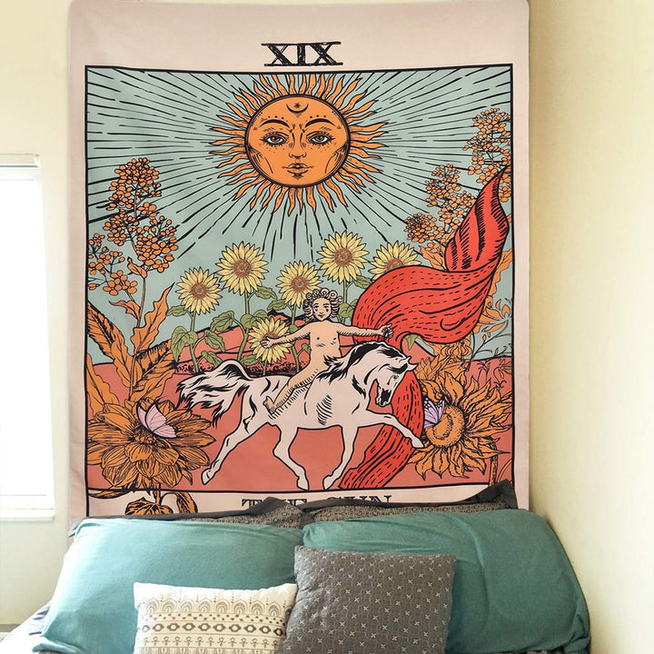 VibeCore The Sun Colorful Tarot Tapestry On Wall Behind Bed