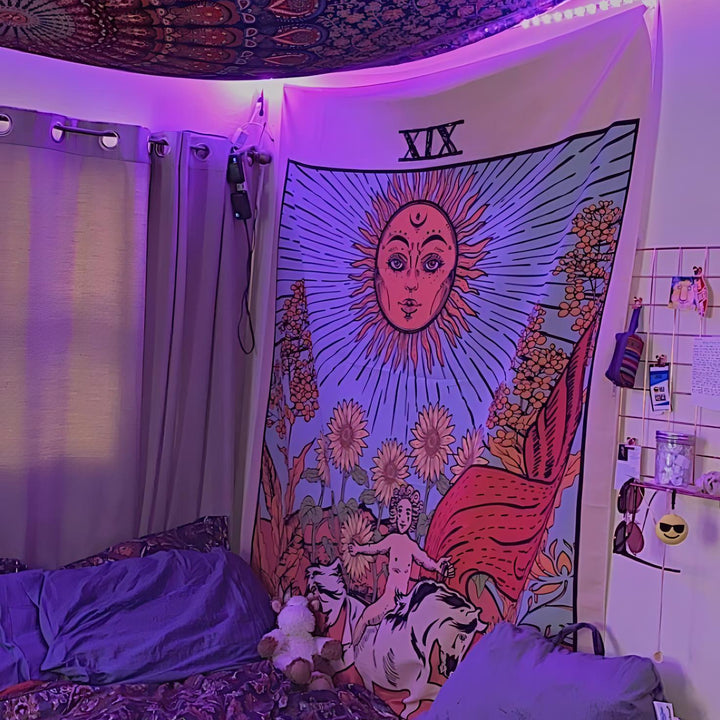 VibeCore The Sun Colorful Tarot Tapestry On Wall In Teen Bedroom