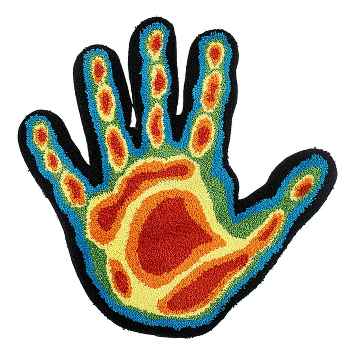 Full view of the "Thermal Hand Accent Rug," showcasing its bold thermal-inspired hand design and plush texture. The image highlights the rug’s vibrant colors, unique pattern, and high-quality craftsmanship.