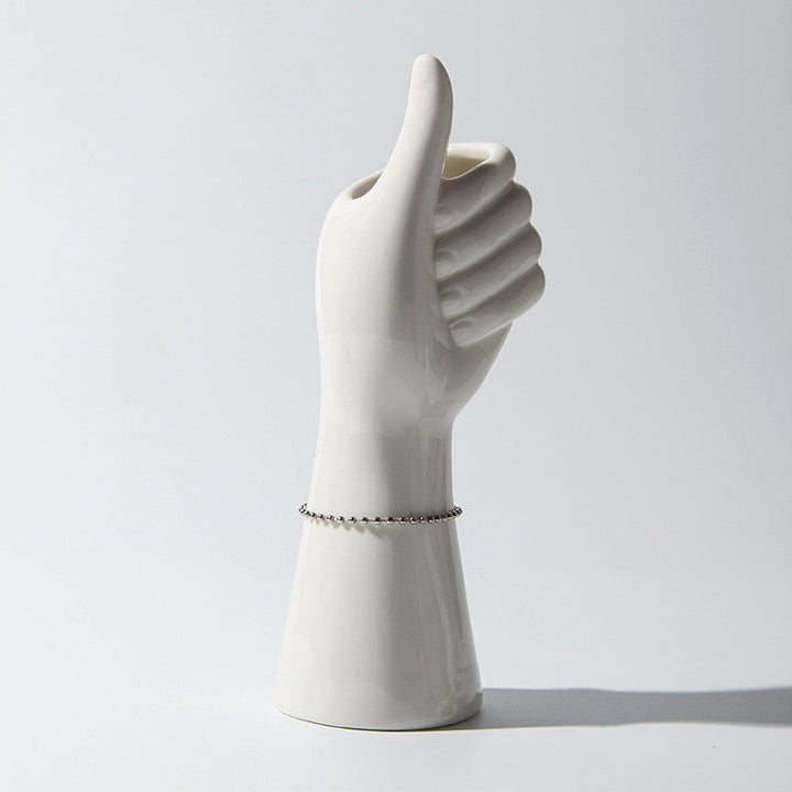A close-up of the hand-shaped ceramic vase, showcasing its premium porcelain material and sleek glazed finish. Perfect for modern decor and adding a touch of personality to your space.