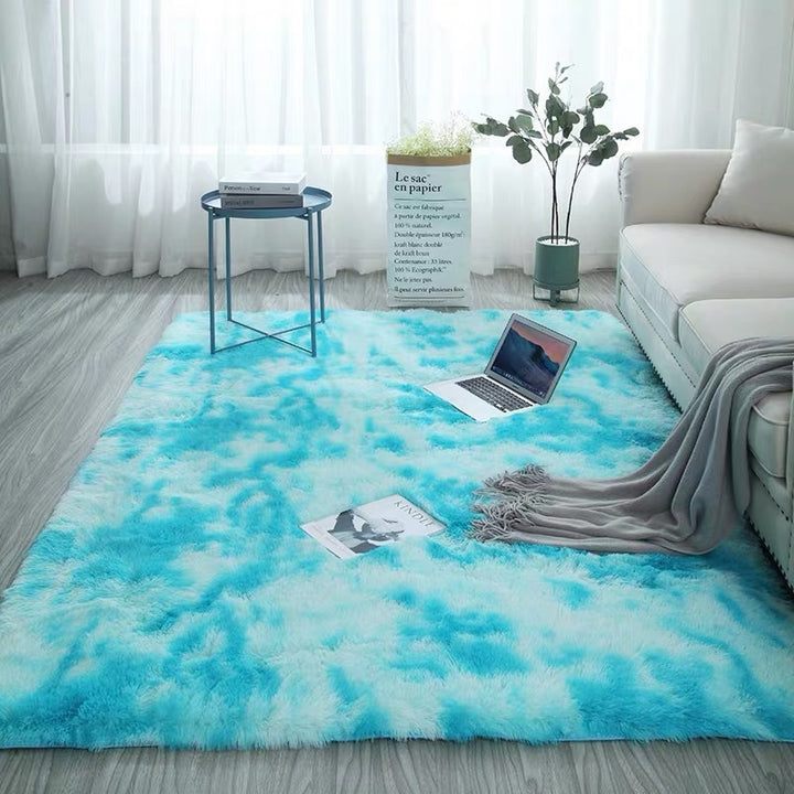 VibeCore Tie-Dye Area Rug Aqua, soft polyester fiber rug with a vibrant aqua tie-dye design, non-slip backing for stability, perfect for adding a bold, retro vibe to any room.