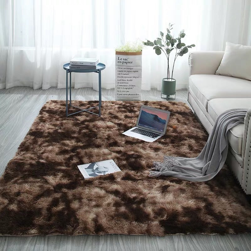VibeCore Tie-Dye Area Rug Brown, soft polyester fiber rug with retro brown tie-dye design, anti-slip backing for safety, perfect for living room, bedroom, dorm, and modern home decor.