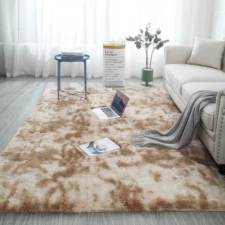 VibeCore Tie-Dye Area Rug Camel, soft polyester fiber rug with retro camel tie-dye design, anti-slip backing for safety, perfect for living room, bedroom, dorm, and modern home decor.