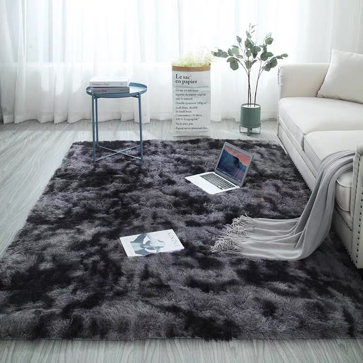 VibeCore Tie-Dye Area Rug Dark Gray, soft polyester fiber rug with retro dark gray tie-dye design, anti-slip backing for safety, perfect for living room, bedroom, dorm, and modern home decor.