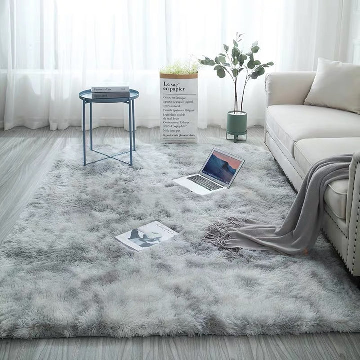 VibeCore Tie-Dye Area Rug Light Gray, soft polyester fiber rug with retro light gray tie-dye design, anti-slip backing for safety, perfect for living room, bedroom, dorm, and modern home decor.