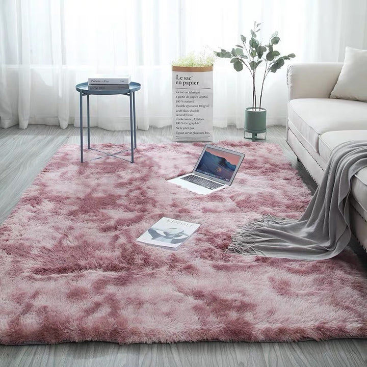 VibeCore Tie-Dye Area Rug Mauve, soft polyester fiber rug with retro mauve tie-dye design, anti-slip backing for safety, perfect for living room, bedroom, dorm, and modern home decor.