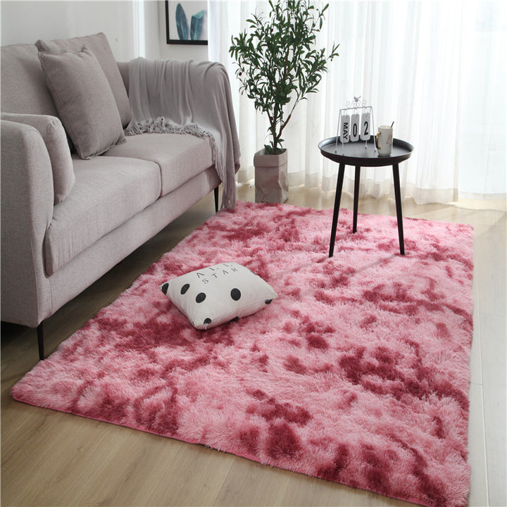 VibeCore Tie-Dye Area Rug Pink, soft polyester fiber rug with retro pink tie-dye design, anti-slip backing for safety, perfect for living room, bedroom, dorm, and modern home decor.