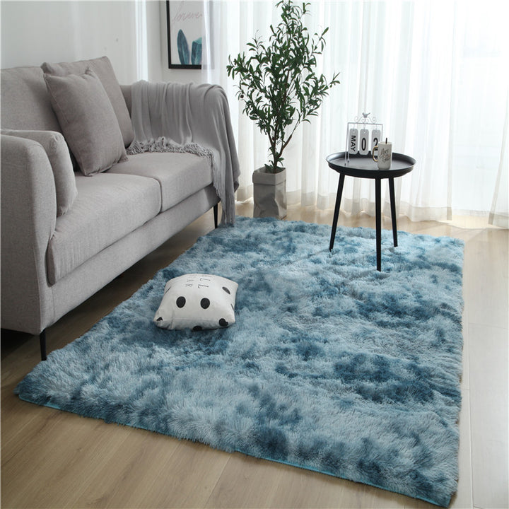 VibeCore Tie-Dye Area Rug Sky Blue, soft polyester fiber rug with retro sky blue tie-dye design, anti-slip backing for safety, perfect for living room, bedroom, dorm, and modern home decor.