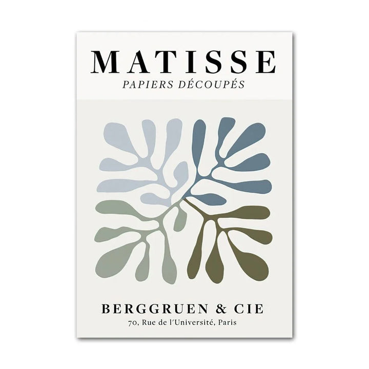 VibeCore Timeless Blue Canvas Posters featuring muted blue Matisse papiers découpés designs. This abstract artwork captures the essence of Matisse's iconic cut-out style with calming blue tones, perfect for adding a sophisticated and artistic touch to any room.