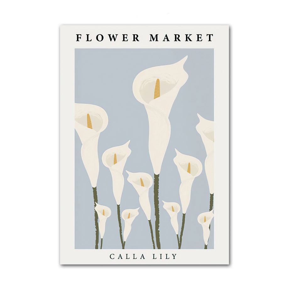 VibeCore Timeless Blue Canvas Posters featuring a pastel blue flower market scene. The vibrant, artistic print captures the beauty of blooming flowers, creating a calming and stylish atmosphere in any room.