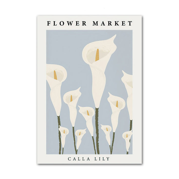 VibeCore Timeless Blue Canvas Posters featuring a pastel blue flower market scene. The vibrant, artistic print captures the beauty of blooming flowers, creating a calming and stylish atmosphere in any room.