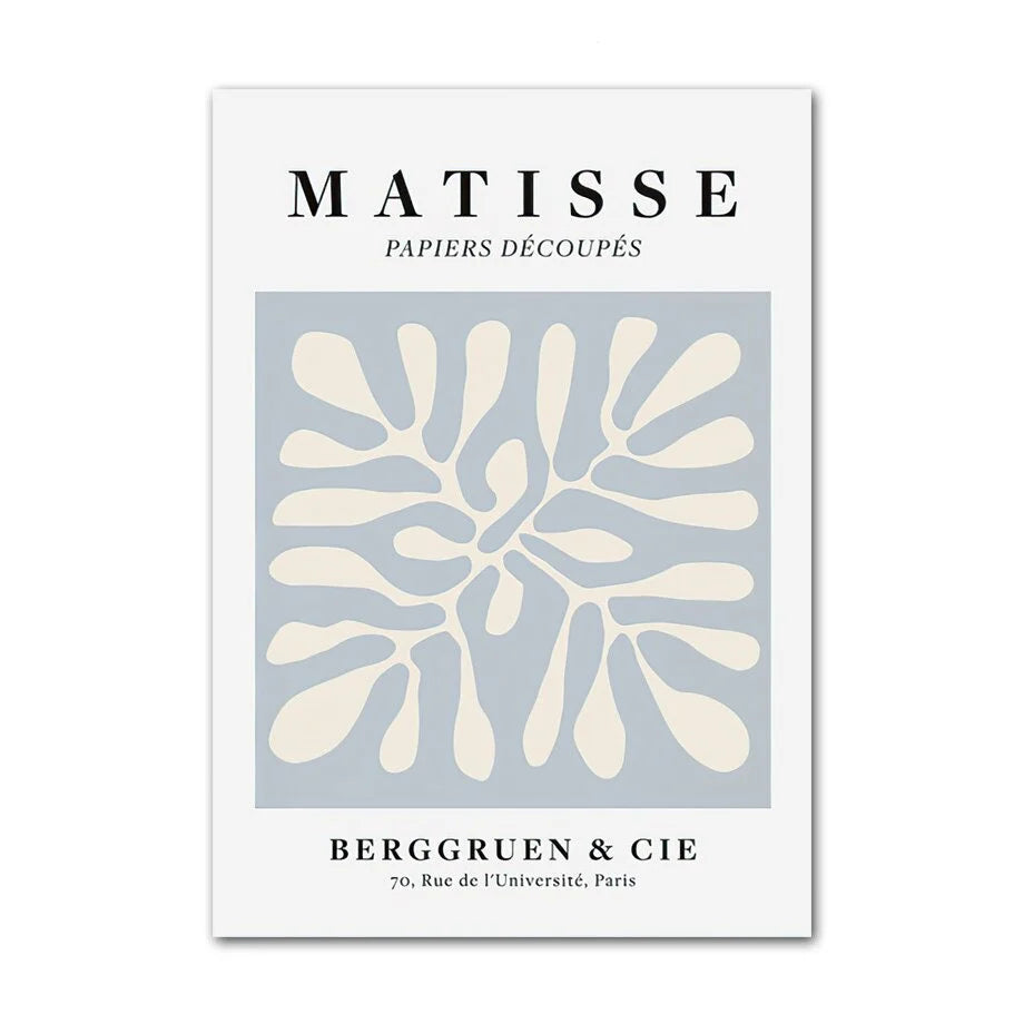 VibeCore Timeless Blue Canvas Posters showcasing a pastel blue Matisse-inspired 'Papiers Découpés' design. This abstract, minimalist print brings a touch of elegance and artistic flair to any space, perfect for bedrooms, dorms, or apartments.