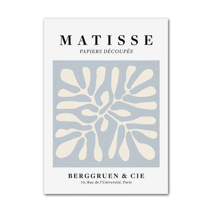 VibeCore Timeless Blue Canvas Posters showcasing a pastel blue Matisse-inspired 'Papiers Découpés' design. This abstract, minimalist print brings a touch of elegance and artistic flair to any space, perfect for bedrooms, dorms, or apartments.