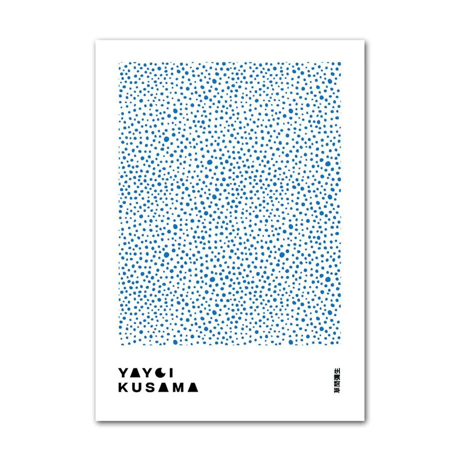 VibeCore Timeless Blue Canvas Posters featuring pastel blue artwork inspired by Yayoi Kusama's iconic polka dots. This abstract design adds a playful yet refined touch, perfect for enhancing the aesthetic of any room.