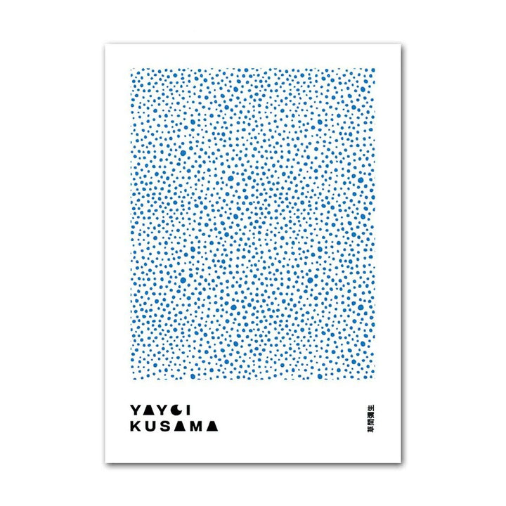 VibeCore Timeless Blue Canvas Posters featuring pastel blue artwork inspired by Yayoi Kusama's iconic polka dots. This abstract design adds a playful yet refined touch, perfect for enhancing the aesthetic of any room.