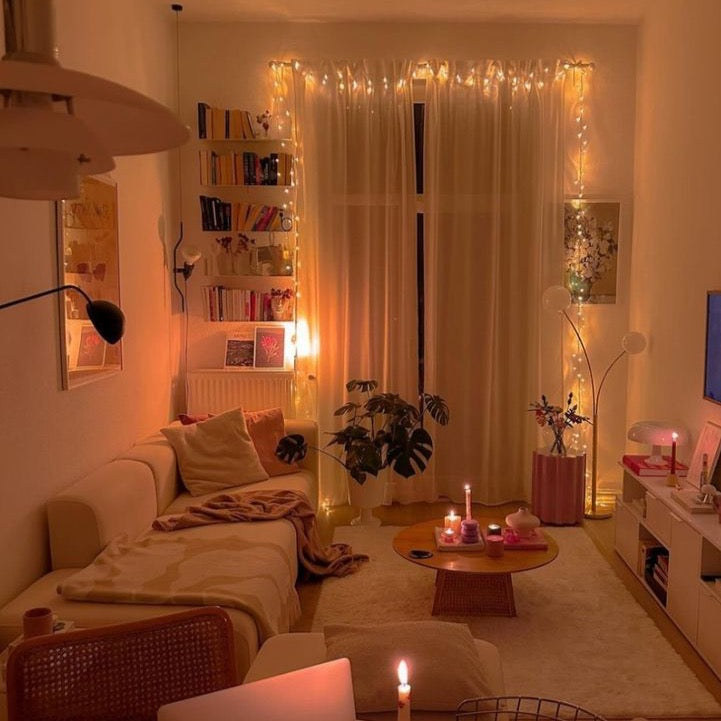 VibeCore traditional string lights in warm white, glowing softly in the living room, creating a cozy and inviting ambiance.