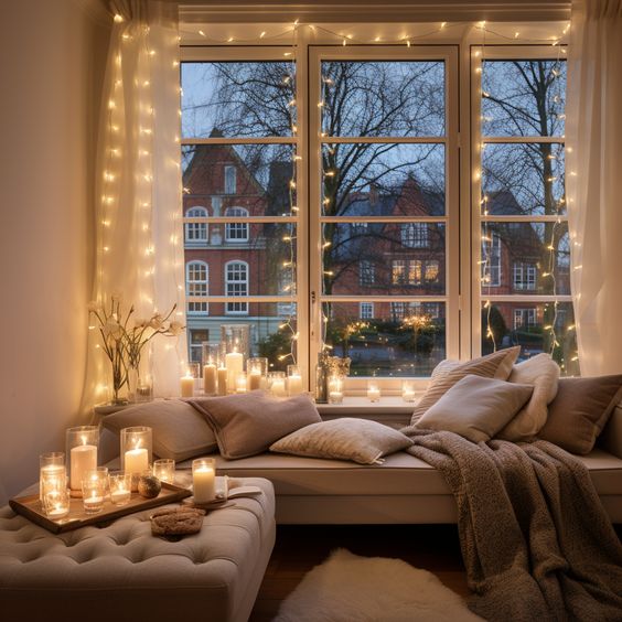 VibeCore traditional string lights in warm white, hanging on a window, adding a soft, ambient glow to your space.