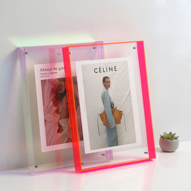 VibeCore Transparent Acrylic Photo Frame in pink and multicolor, featuring a sleek, modern design. This clear picture frame enhances any photo with a vibrant aesthetic, perfect for eclectic, contemporary, and dopamine decor styles.