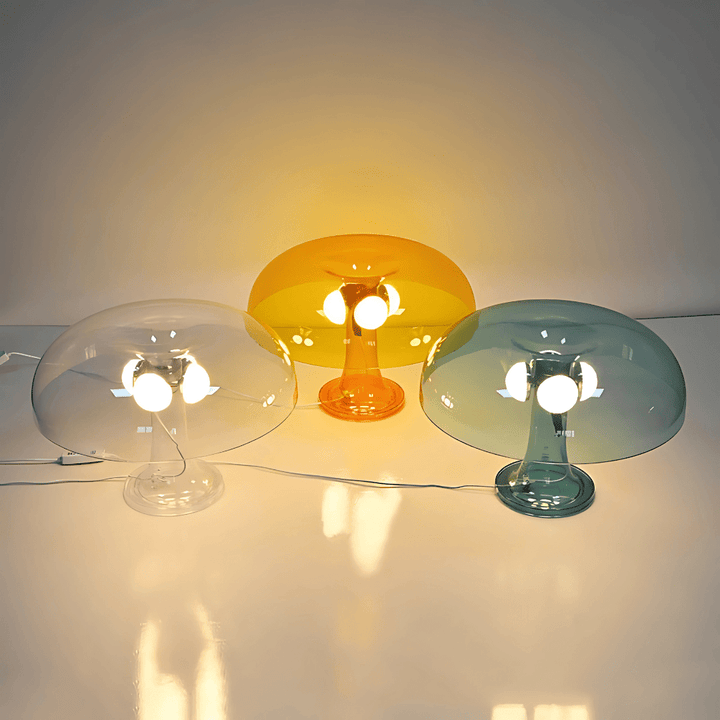 VibeCore Transparent Vintage 60s Mushroom Lamp in orange, yellow, and mint green, featuring four LED light sources for a cozy, energy-efficient glow that adds a retro touch to any space.