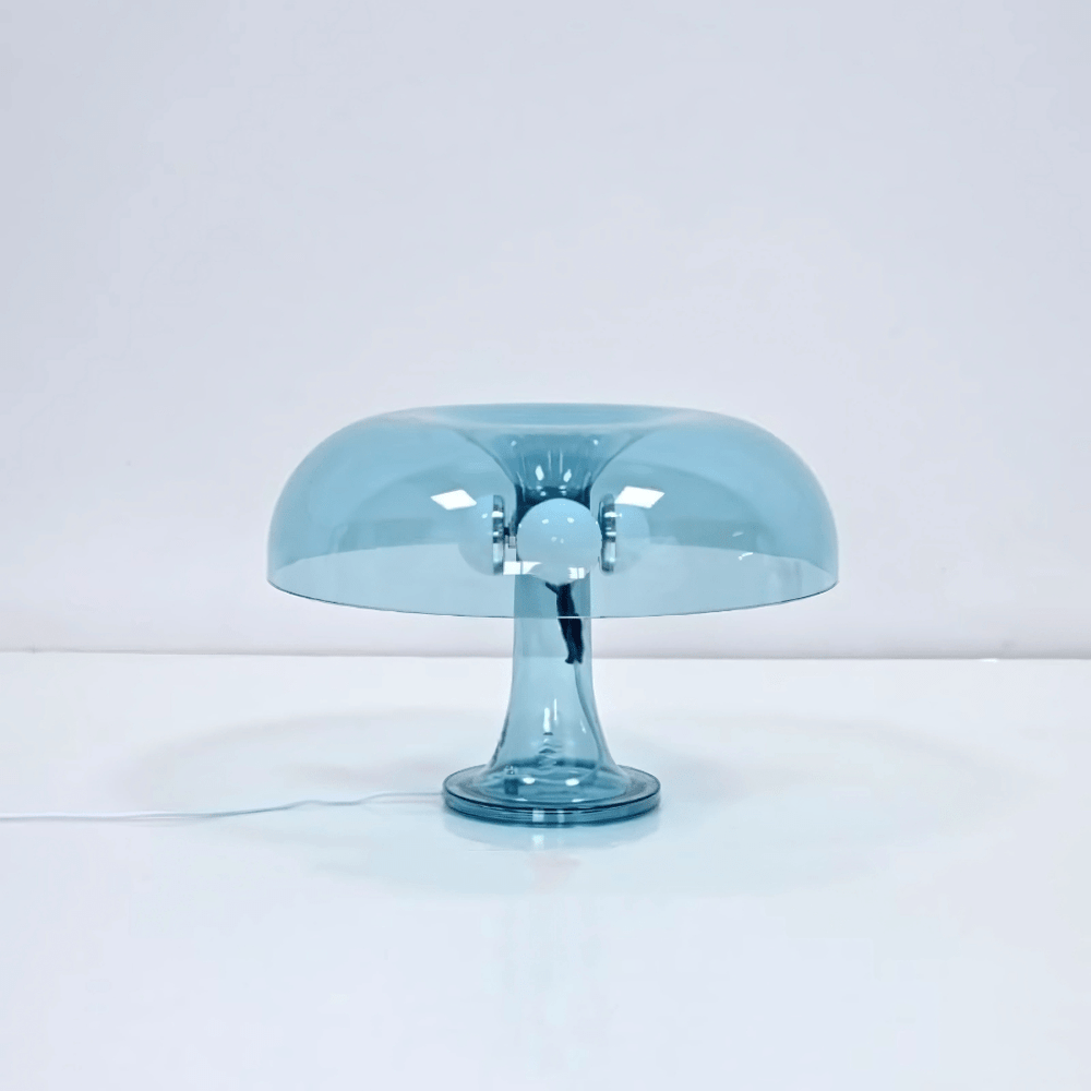 VibeCore Transparent Vintage 60s Mushroom Lamp in blue, unlit, showcasing a retro design with clean lines and a minimalist, vintage aesthetic.