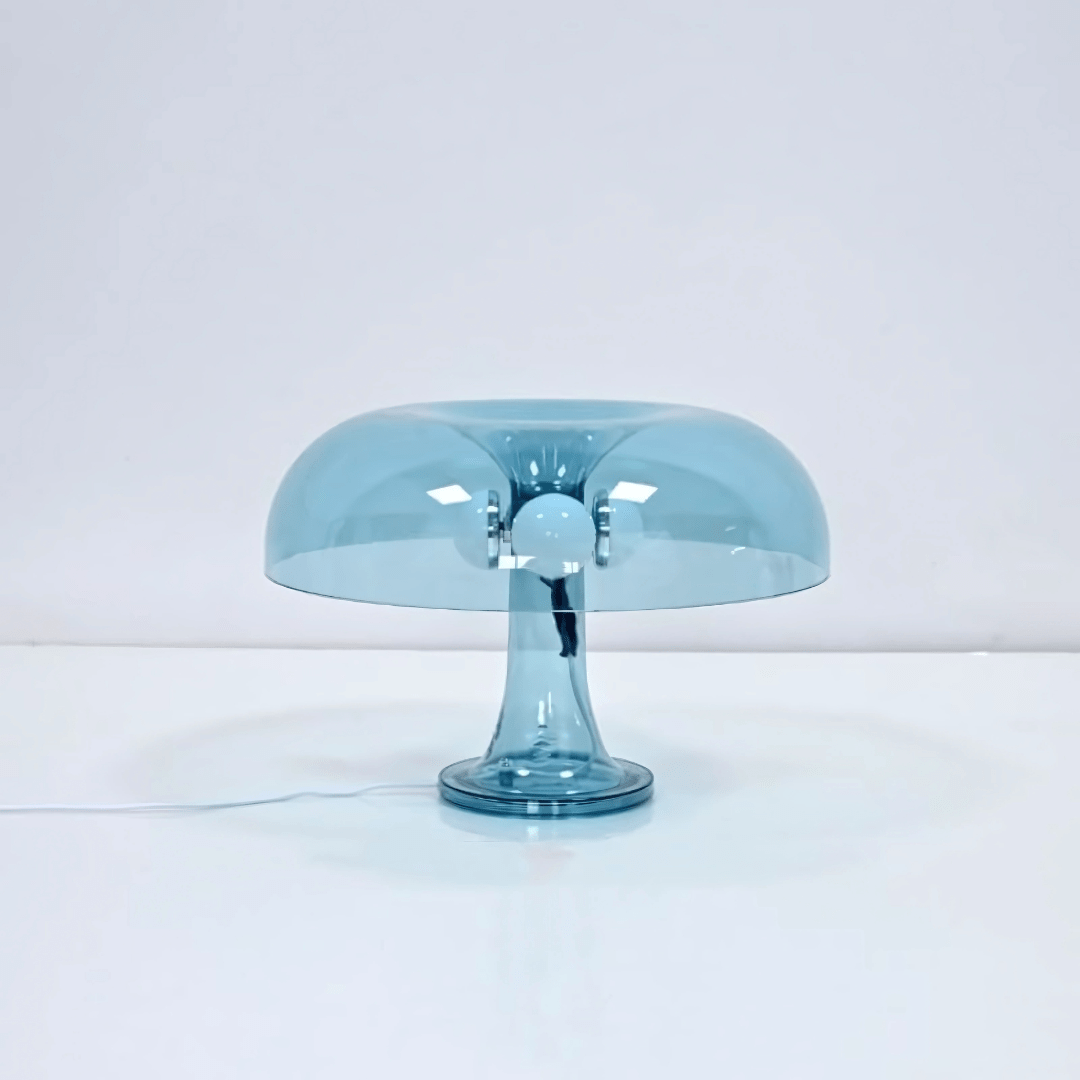 VibeCore Transparent Vintage 60s Mushroom Lamp in blue, unlit, showcasing a retro design with clean lines and a minimalist, vintage aesthetic.