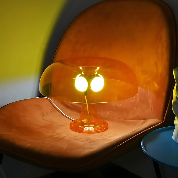 VibeCore Transparent Vintage 60s Mushroom Lamp in orange, lit, showcasing a warm, cozy glow with a retro design, adding a playful vintage charm to any room.