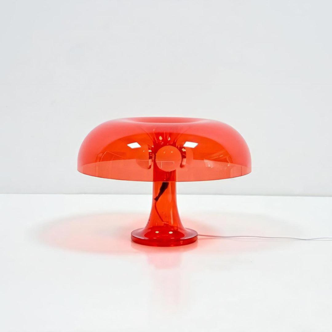 VibeCore Transparent Vintage 60s Mushroom Lamp in orange, lit up, providing a warm glow with retro-inspired design, perfect for adding vintage charm to any space.
