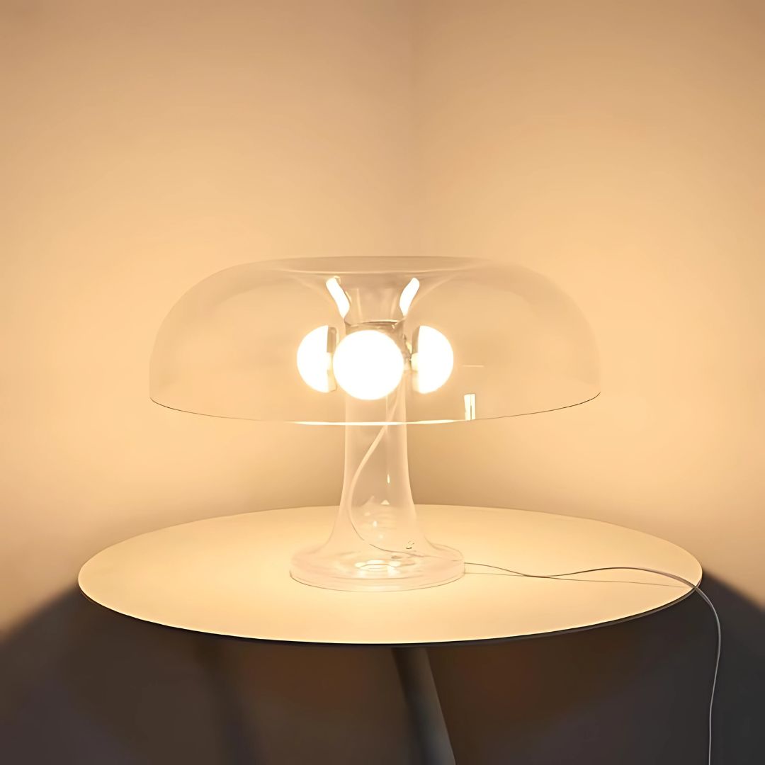 VibeCore Transparent Vintage 60s Mushroom Lamp in transparent color, lit, highlighting its warm glow and retro design.