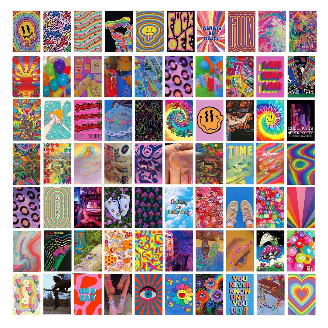 
VibeCore Trippie Hippie Wall Collage Kit featuring 70 colorful indie prints with vibrant designs and hippie-inspired elements. Perfect for dorm room, bedroom, indie decor, hippie vibes, VSCO aesthetic, trippy, aesthetic wall decor, and colorful room styling.