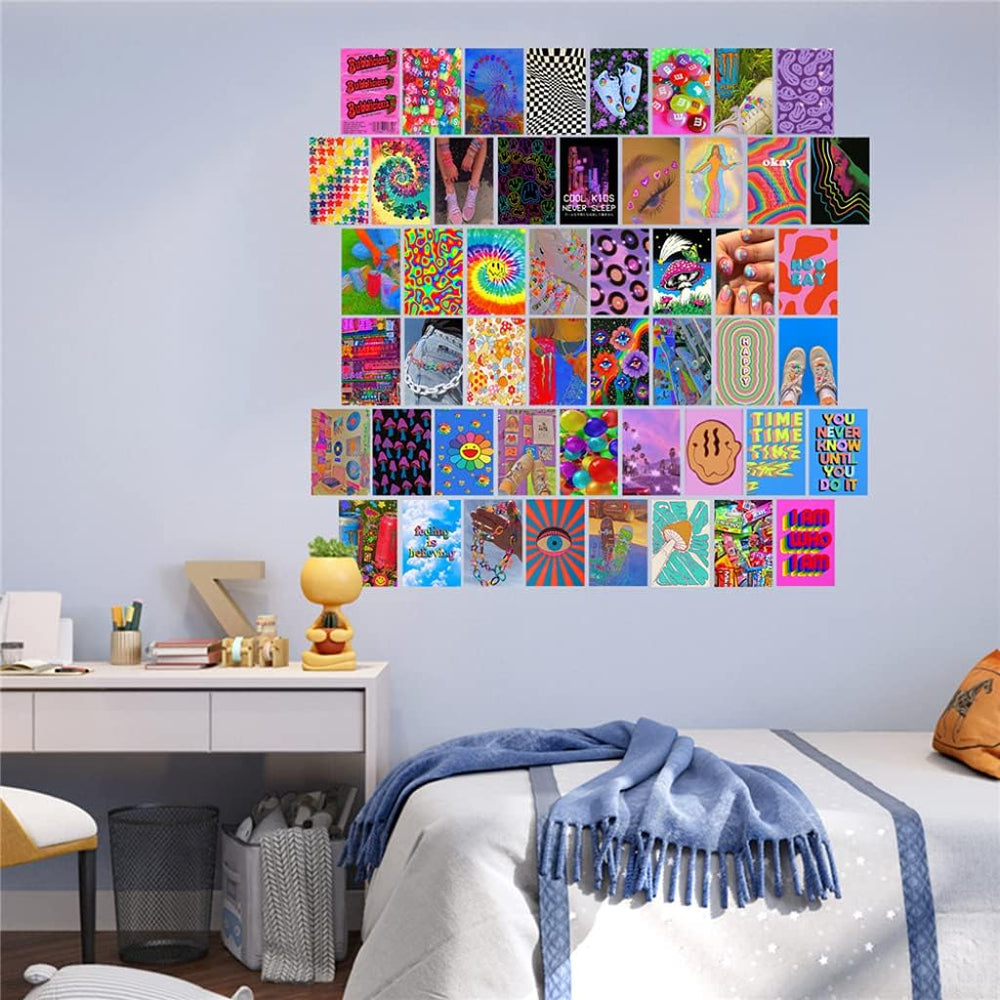 VibeCore Trippie Hippie Wall Collage Kit in bedroom featuring 70 colorful indie prints with vibrant, hippie-inspired designs. Perfect for dorm room, bedroom, indie decor, hippie vibes, VSCO aesthetic, trippy, and colorful wall decor.
