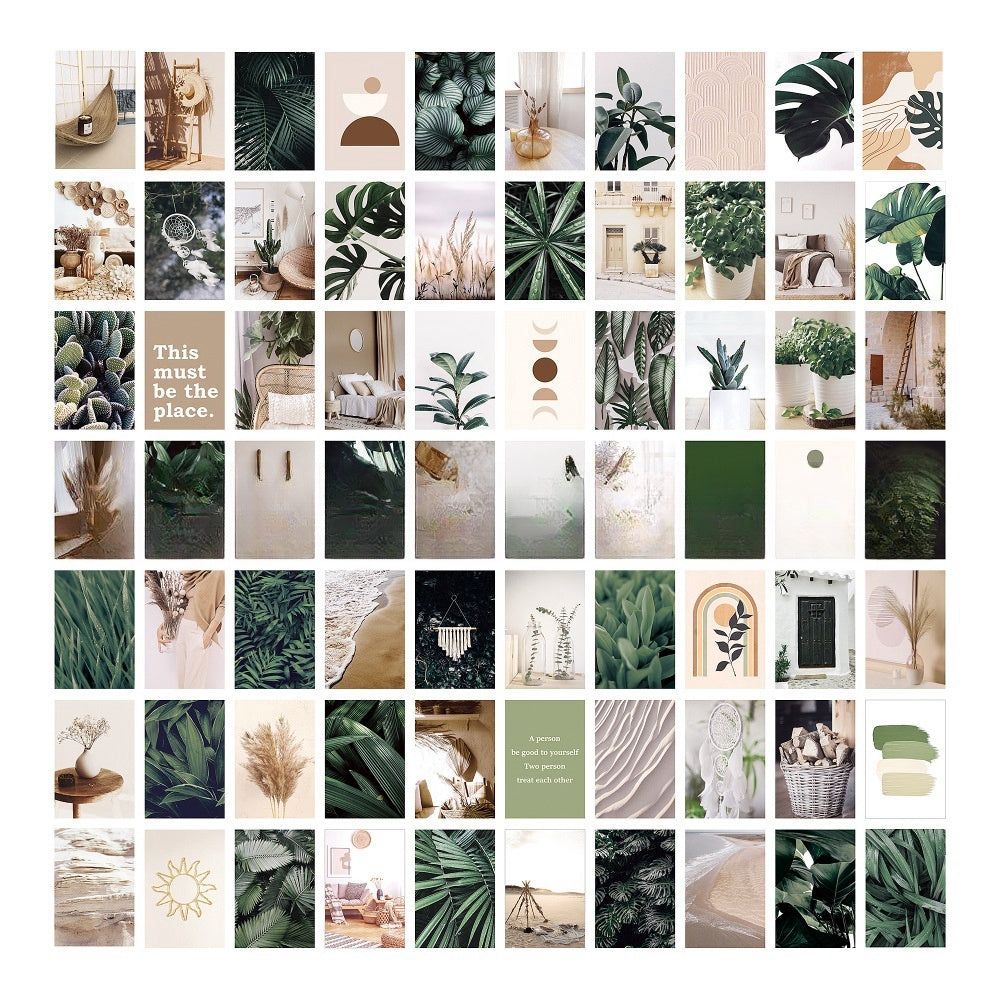 VibeCore Tropical Bohemian Wall Collage Kit featuring 70 aesthetic prints with tropical boho, earthy tones, and minimalist chic elements. Perfect for teen room, dorm room, boho decor, indie, hippie, soft girl, and aesthetic wall decor.