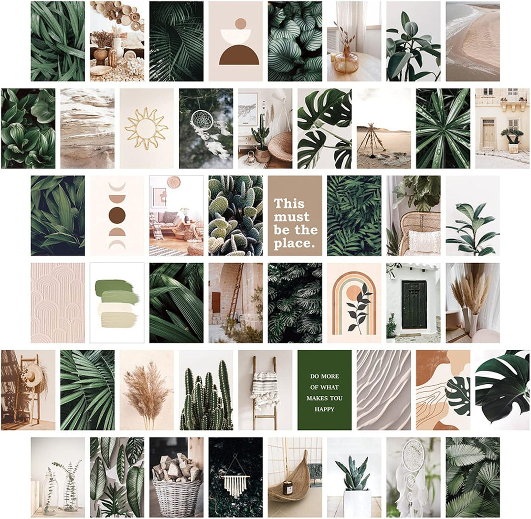VibeCore Tropical Bohemian Wall Collage Kit showcasing half of the posters, featuring tropical boho, earthy tones, and minimalist chic elements. Perfect for boho decor, indie, hippie, soft girl, teen room, dorm room, and aesthetic wall decor.