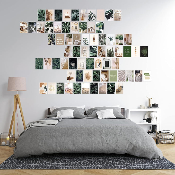 VibeCore Tropical Bohemian Wall Collage Kit in bedroom featuring 70 aesthetic prints with tropical boho, earthy tones, and minimalist chic elements. Perfect for teen room, dorm room, boho decor, indie, hippie, soft girl, and aesthetic wall decor.