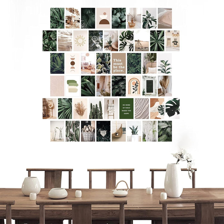 VibeCore Tropical Bohemian Wall Collage Kit in dining room featuring 70 aesthetic prints with tropical boho, earthy tones, and minimalist chic elements. Perfect for boho decor, indie, hippie, soft girl, aesthetic wall decor, and trendy home styling.
